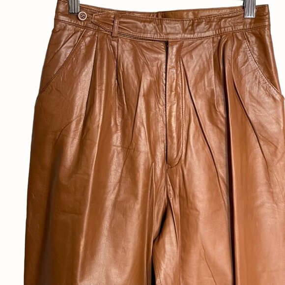 Vintage Brown Leather High-Waisted Pleated Straight-Leg Pants Womens Size 10 - Picture 3 of 14